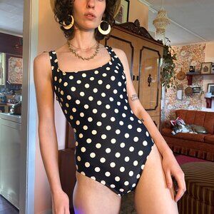 1970s Catalina Polka Dot one piece full coverage navy blue swim suit - made in t